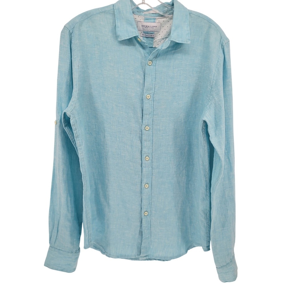 Denim & Flower Mens Light Blue 100% Linen Long Sleeve Button Down Shirt Small